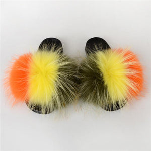 Real Fox Fur Slide Sandals for Women Flat Furry Slippers Fashion Vertical Grain Slip on Beach Shoes