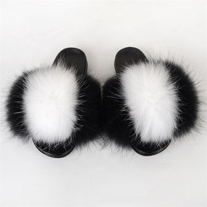 Real Fox Fur Slide Sandals for Women Flat Furry Slippers Fashion Vertical Grain Slip on Beach Shoes