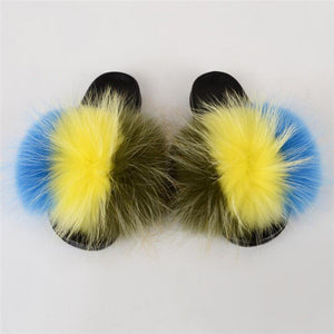 Real Fox Fur Slide Sandals for Women Flat Furry Slippers Fashion Vertical Grain Slip on Beach Shoes
