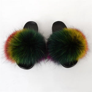 Real Fox Fur Slide Sandals for Women Flat Furry Slippers Fashion Vertical Grain Slip on Beach Shoes