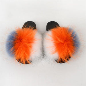 Real Fox Fur Slide Sandals for Women Flat Furry Slippers Fashion Vertical Grain Slip on Beach Shoes