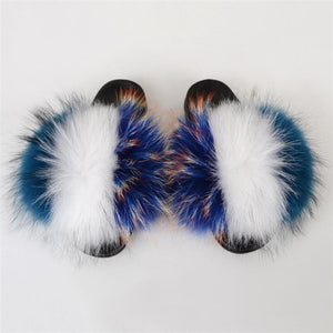 Real Fox Fur Slide Sandals for Women Flat Furry Slippers Fashion Vertical Grain Slip on Beach Shoes