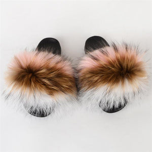 Real Fox Fur Slide Sandals for Women Flat Furry Slippers Fashion Cross Grain Slip on Beach Shoes