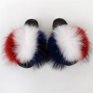 Real Fox Fur Slide Sandals for Women Flat Furry Slippers Fashion Vertical Grain Slip on Beach Shoes
