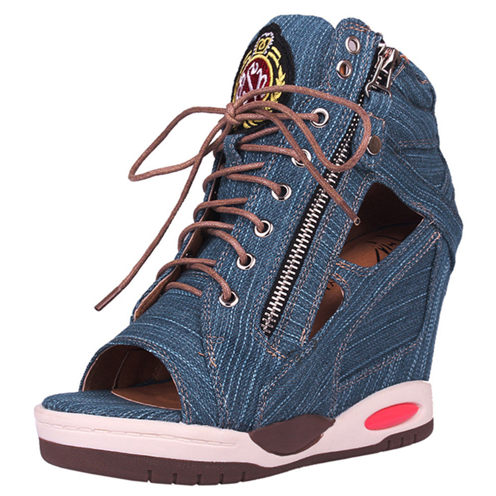 ACE SHOCK Women's Wedge Sneakers with Hidden Heel Lace-up Ankle High Platform Denim Shoes
