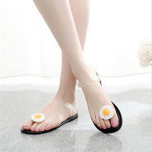 Flat Jelly Sandals for Women Casual Cute Summer Toe-strap Beach Shoes Fried Egg Design