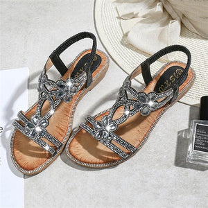 Women Flat Rhinestone Sandals Open Toe Ankle Strap Fashion Flower Summer Beach Shoes