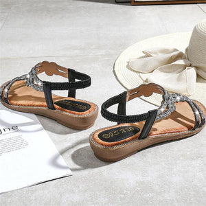 Women Flat Rhinestone Sandals Open Toe Ankle Strap Fashion Flower Summer Beach Shoes