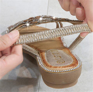 Women Flat Rhinestone Sandals Open Toe Ankle Strap Fashion Flower Summer Beach Shoes