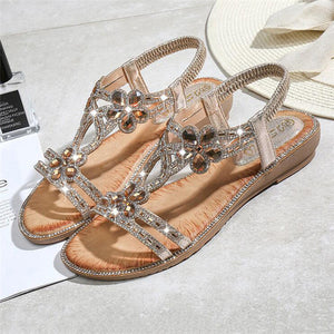 Women Flat Rhinestone Sandals Open Toe Ankle Strap Fashion Flower Summer Beach Shoes