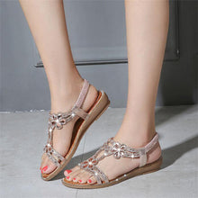 Load image into Gallery viewer, Women Flat Rhinestone Sandals Open Toe Ankle Strap Fashion Flower Summer Beach Shoes