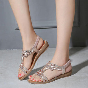 Women Flat Rhinestone Sandals Open Toe Ankle Strap Fashion Flower Summer Beach Shoes