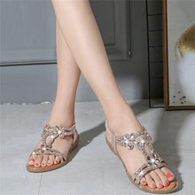Load image into Gallery viewer, Women Flat Rhinestone Sandals Open Toe Ankle Strap Fashion Flower Summer Beach Shoes