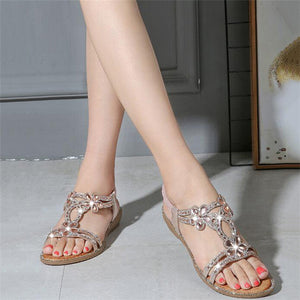 Women Flat Rhinestone Sandals Open Toe Ankle Strap Fashion Flower Summer Beach Shoes