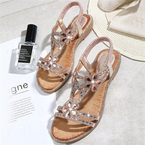 Women Flat Rhinestone Sandals Open Toe Ankle Strap Fashion Flower Summer Beach Shoes