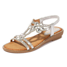 Load image into Gallery viewer, Women Flat Rhinestone Sandals Open Toe Ankle Strap Fashion Flower Summer Beach Shoes