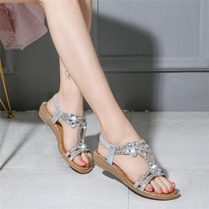 Women Flat Rhinestone Sandals Open Toe Ankle Strap Fashion Flower Summer Beach Shoes