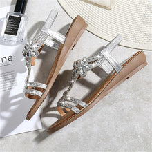 Load image into Gallery viewer, Women Flat Rhinestone Sandals Open Toe Ankle Strap Fashion Flower Summer Beach Shoes