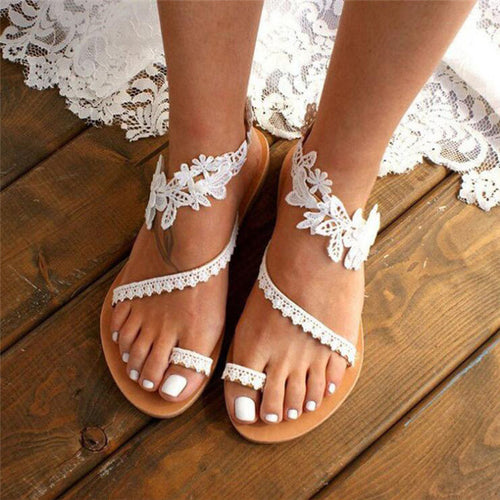 Women Flat Gladiator Sandals Fashion Lace Toe Strap Summer Dressy Shoes