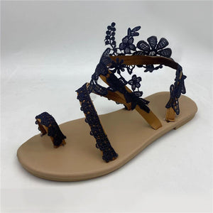 Women Flat Gladiator Sandals Fashion Lace Toe Strap Summer Dressy Shoes