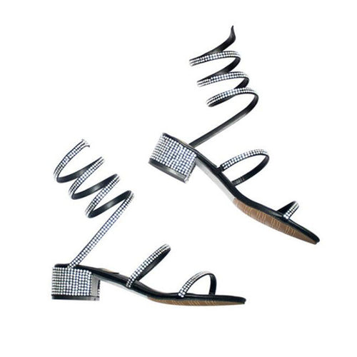 Fashion Heeled Gladiator Sandals for Women Rhinestones Twining Wedge Summer Dress Shoes with Rough Heel