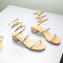 Load image into Gallery viewer, Fashion Heeled Gladiator Sandals for Women Rhinestones Twining Wedge Summer Dress Shoes with Rough Heel