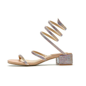 Fashion Heeled Gladiator Sandals for Women Rhinestones Twining Wedge Summer Dress Shoes with Rough Heel