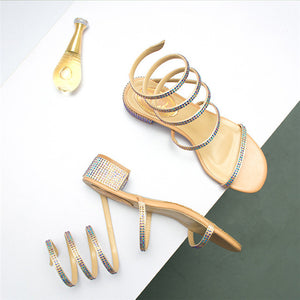 Fashion Heeled Gladiator Sandals for Women Rhinestones Twining Wedge Summer Dress Shoes with Rough Heel