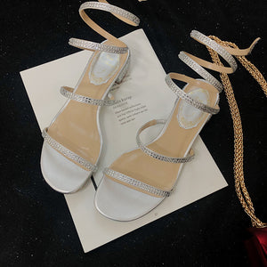 Fashion Heeled Gladiator Sandals for Women Rhinestones Twining Wedge Summer Dress Shoes with Rough Heel