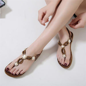 Women Jeweled Thong Sandals Flat Beaded Flip Flops Fashion Summer Beach Shoes