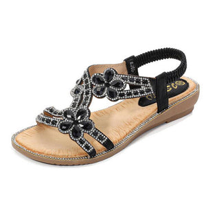 Women Rhinestone Sandals Flat Open Toe Ankle Strap Fashion Flower Summer Beach Shoes