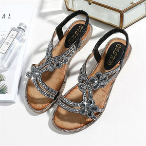 Women Rhinestone Sandals Flat Open Toe Ankle Strap Fashion Flower Summer Beach Shoes