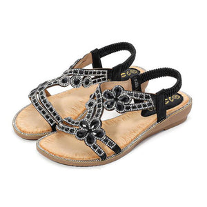 Women Rhinestone Sandals Flat Open Toe Ankle Strap Fashion Flower Summer Beach Shoes