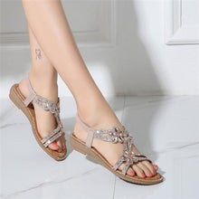 Load image into Gallery viewer, Women Rhinestone Sandals Flat Open Toe Ankle Strap Fashion Flower Summer Beach Shoes