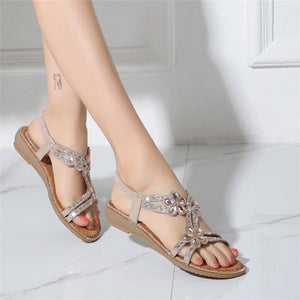 Women Rhinestone Sandals Flat Open Toe Ankle Strap Fashion Flower Summer Beach Shoes