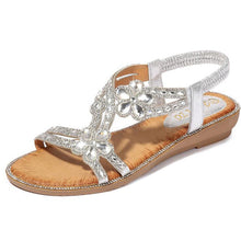 Load image into Gallery viewer, Women Rhinestone Sandals Flat Open Toe Ankle Strap Fashion Flower Summer Beach Shoes