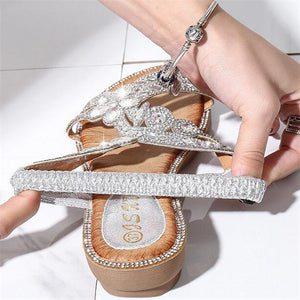 Women Rhinestone Sandals Flat Open Toe Ankle Strap Fashion Flower Summer Beach Shoes