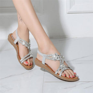 Women Rhinestone Sandals Flat Open Toe Ankle Strap Fashion Flower Summer Beach Shoes