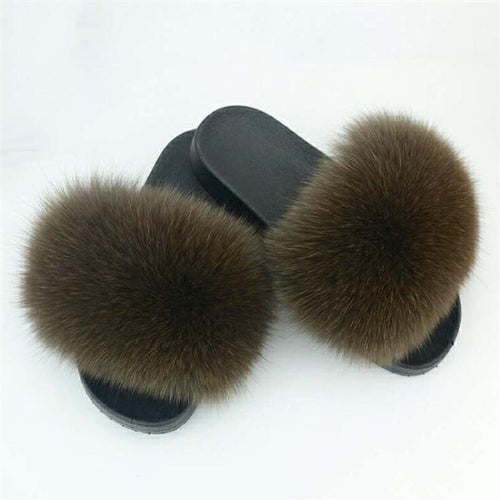 Real Fox Fur Slide Sandals for Women Fashion Furry Slippers Slip on Beach Shoes