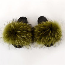 Load image into Gallery viewer, Fox Fur Slide Sandals for Women Fashion Furry Slippers Slip on Flat Beach Shoes