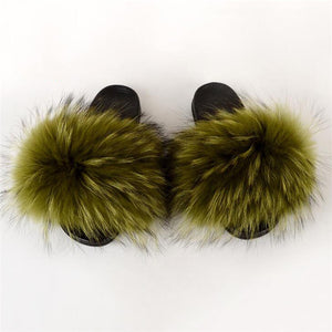 Fox Fur Slide Sandals for Women Fashion Furry Slippers Slip on Flat Beach Shoes