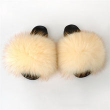 Load image into Gallery viewer, Fox Fur Slide Sandals for Women Fashion Furry Slippers Slip on Flat Beach Shoes