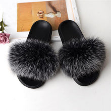 Load image into Gallery viewer, Fox Fur Slide Sandals for Women Fashion Furry Slippers Slip on Flat Beach Shoes