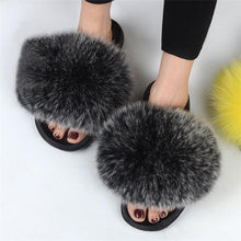 Load image into Gallery viewer, Fox Fur Slide Sandals for Women Fashion Furry Slippers Slip on Flat Beach Shoes