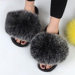 Fox Fur Slide Sandals for Women Fashion Furry Slippers Slip on Flat Beach Shoes