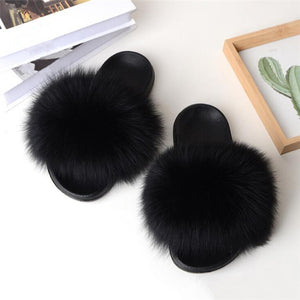Real Fox Fur Slide Sandals for Women Flat Furry Slippers Slip on Fashion Beach Shoes