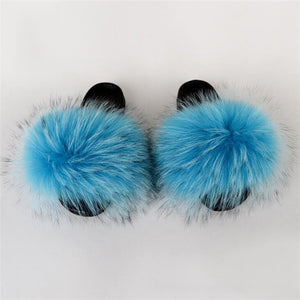 Fox Fur Slide Sandals for Women Fashion Furry Slippers Slip on Flat Beach Shoes