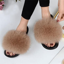 Load image into Gallery viewer, Real Fox Fur Slide Sandals for Women Flat Furry Slippers Slip on Fashion Beach Shoes