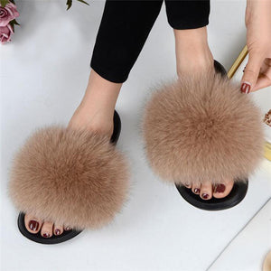 Real Fox Fur Slide Sandals for Women Flat Furry Slippers Slip on Fashion Beach Shoes
