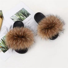 Load image into Gallery viewer, Fox Fur Slide Sandals for Women Fashion Furry Slippers Slip on Flat Beach Shoes